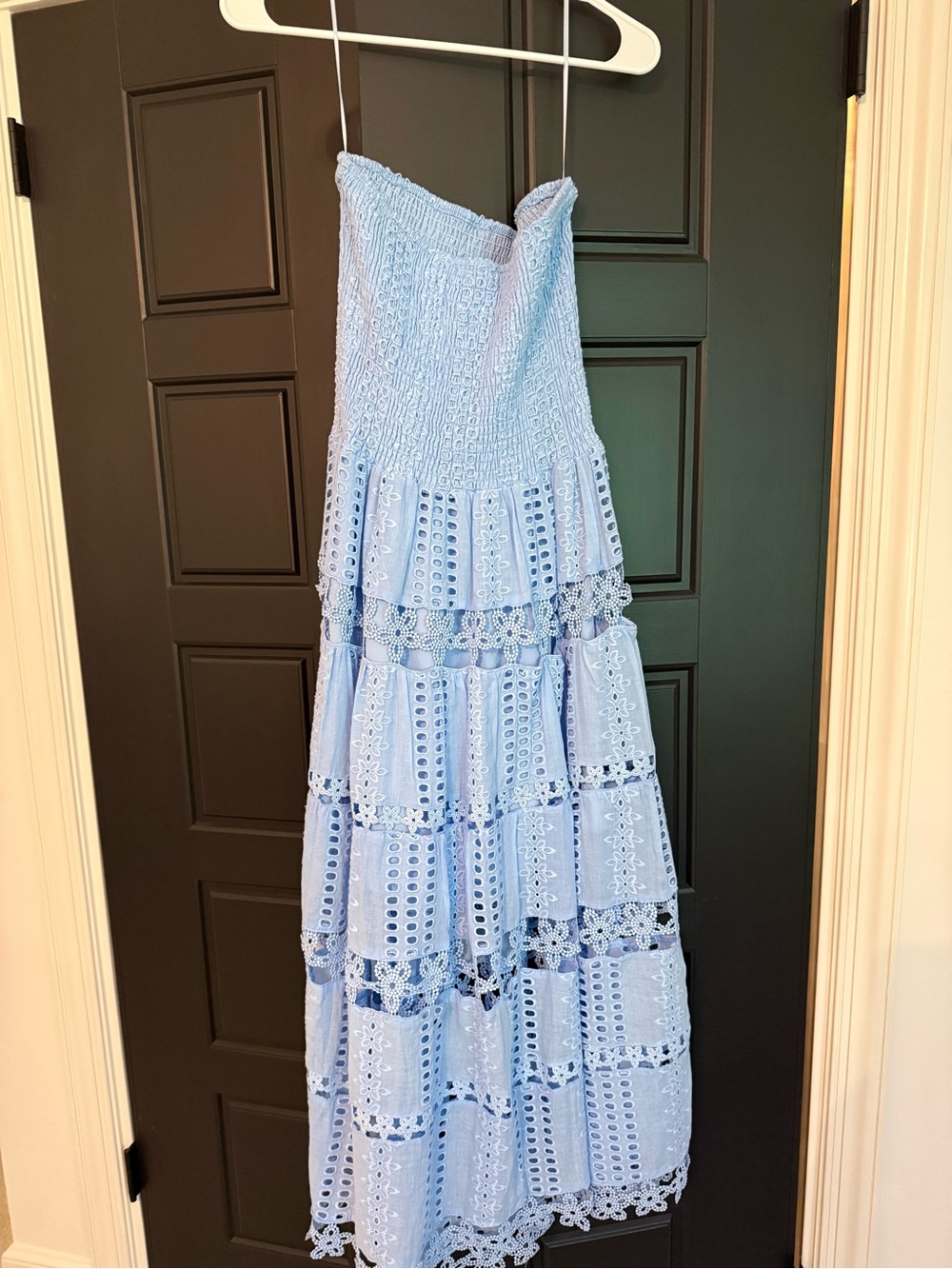 Sleeveless Light Blue Strapless Tiered Lace Maxi Dress
